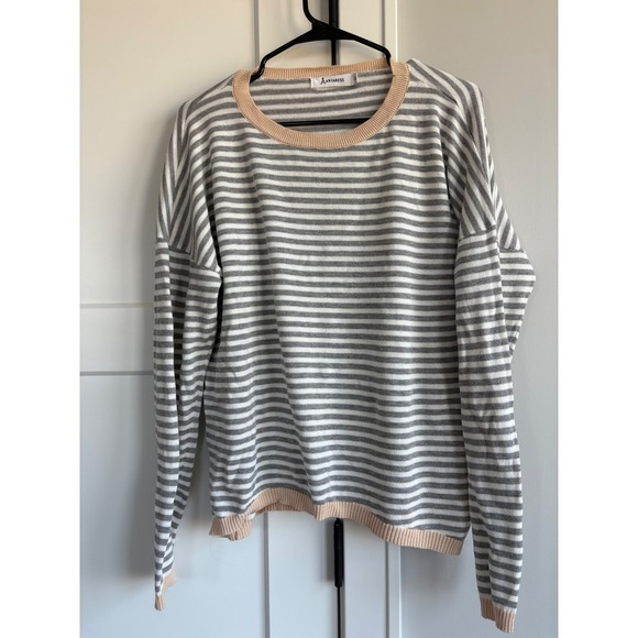 Anrabess Striped Knit Pullover Top Gray White Peach Crew Neck Sweater - Picture 2 of 5